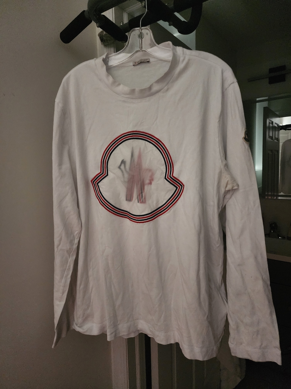 Moncler White Long Sleeve Tee with Red and Black Logo Trim
